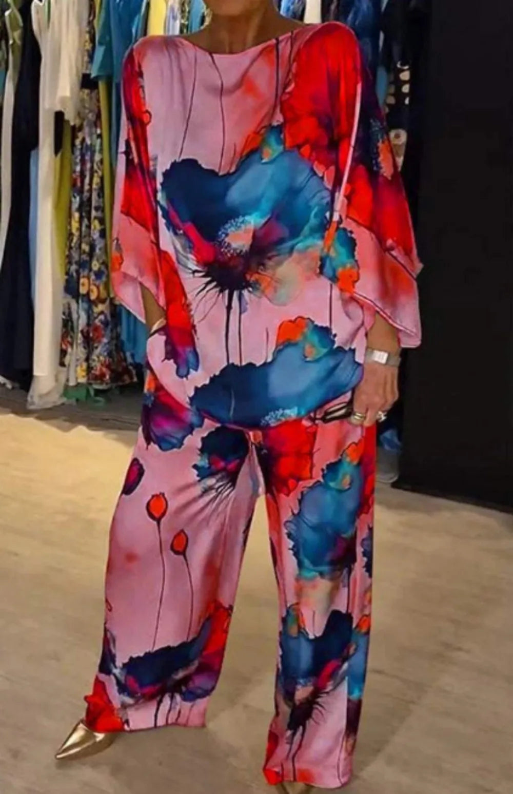 2 Piece Women's Printed Satin Pant Set - Round Neck 3/4 Sleeve Summer Outfit 4
