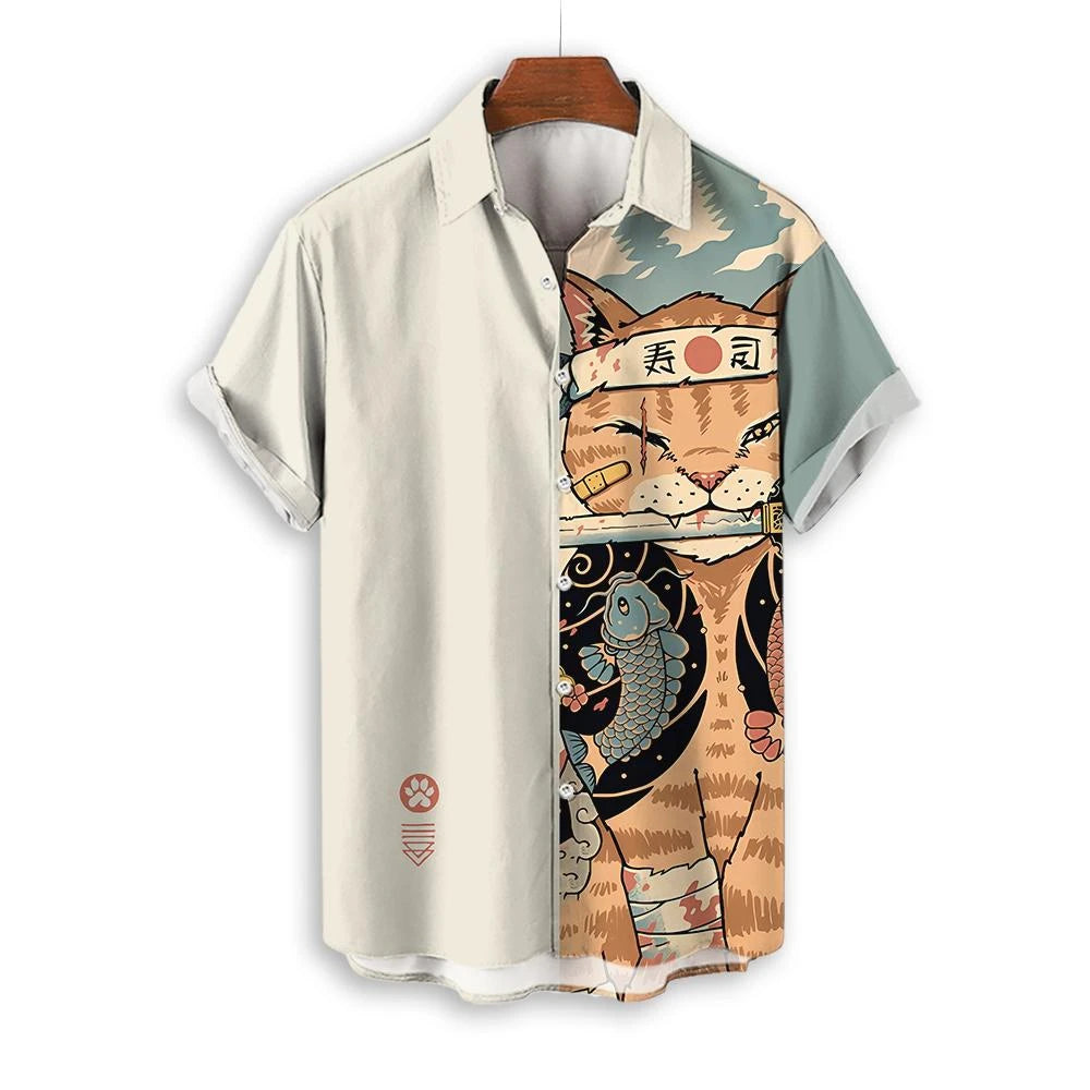 Fashion-Men-s-Clothing-Cool-Samurai-Cat-Tops-Summer-New-Men-s-Clothing-Casual-Short-Sleeved