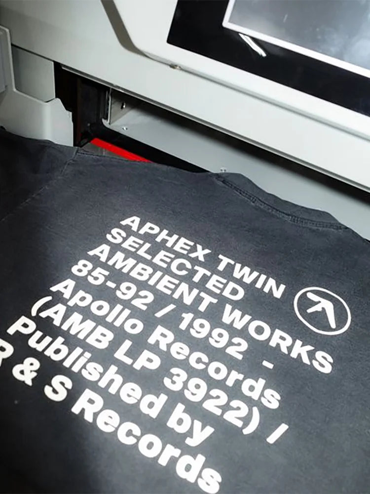 Men T-Shirt Aphex Twin Washed Black Print Cotton Graphic Oversized Korean Fashion Short Sleeve Tops Tees Y2k Streetwear Clothing 6