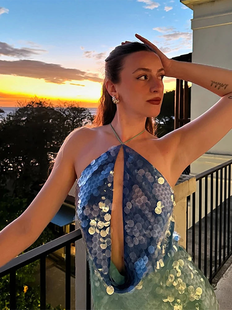 Fashion Sequins Backless Patchwork Halter Mini Dress For Women Backless Sleeveless Party Dress Summer Street Glitter Vestidos