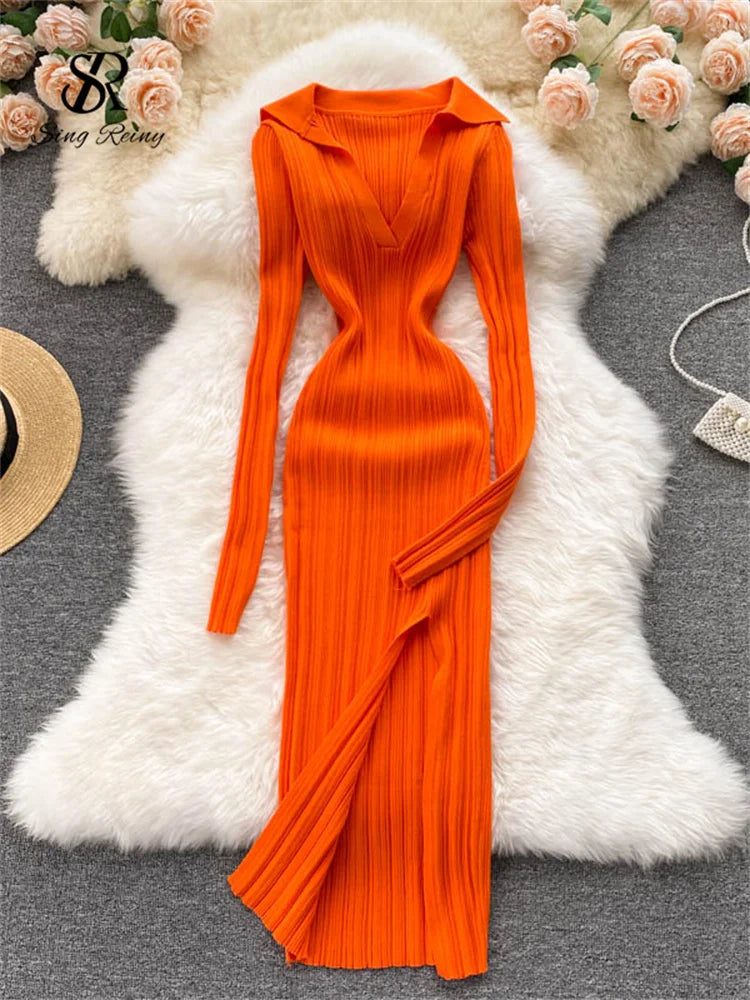 SINGREINY Women Korean Knitted Dress Long Sleeve V Neck Elastic Slim Pencil Dresses 2021 Autumn Sexy Bodycon Split Sweater Dress 11