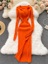 SINGREINY Women Korean Knitted Dress Long Sleeve V Neck Elastic Slim Pencil Dresses 2021 Autumn Sexy Bodycon Split Sweater Dress 11