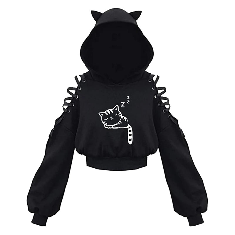 Y2k Gothic Womens Hoodie Cat Ear Crop Top Hooded Sweatshirt Hollow Out Lace Up Long Sleeve Hodded Casual Pullover Autumn 2