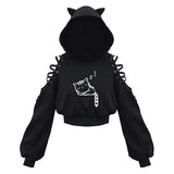 Y2k Gothic Womens Hoodie Cat Ear Crop Top Hooded Sweatshirt Hollow Out Lace Up Long Sleeve Hodded Casual Pullover Autumn 2
