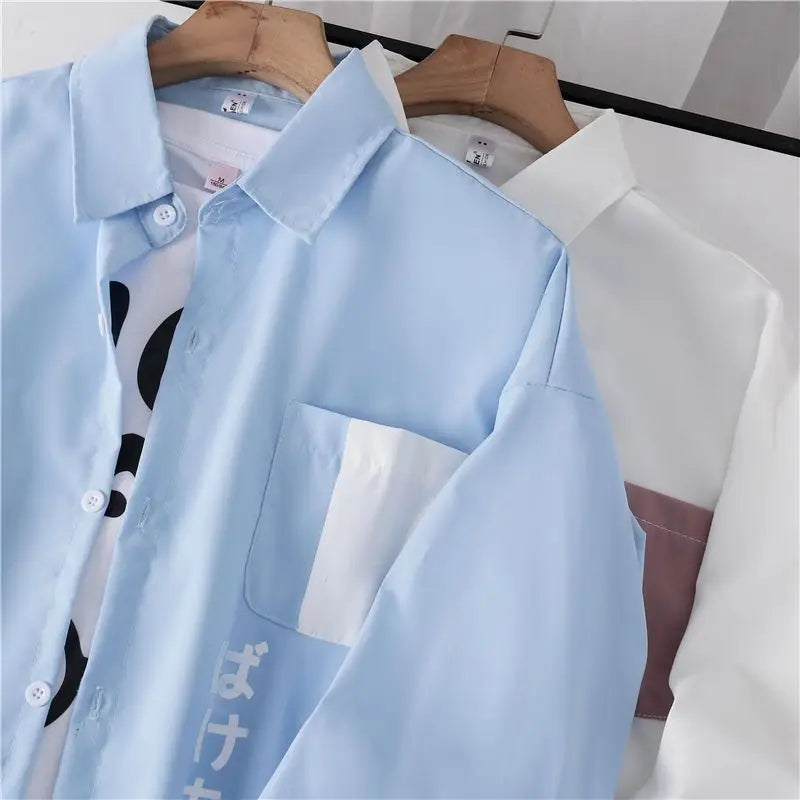 2025 Long Sleeved Shirt Woman Loose Cute Cat Print Japanese Style Harajuku Couple's Top Patchwork Single Breasted Blouses Women 3