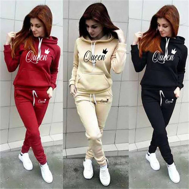 Hot women's 2-piece QUEEN print sports suit sportswear clothes hoodie+sweatpants