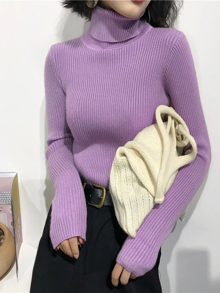 2024 Autumn Winter Thick Sweater Women Knitted Ribbed Pullover Sweater Long Sleeve Turtleneck Slim Jumper Soft Warm Pull Femme 16