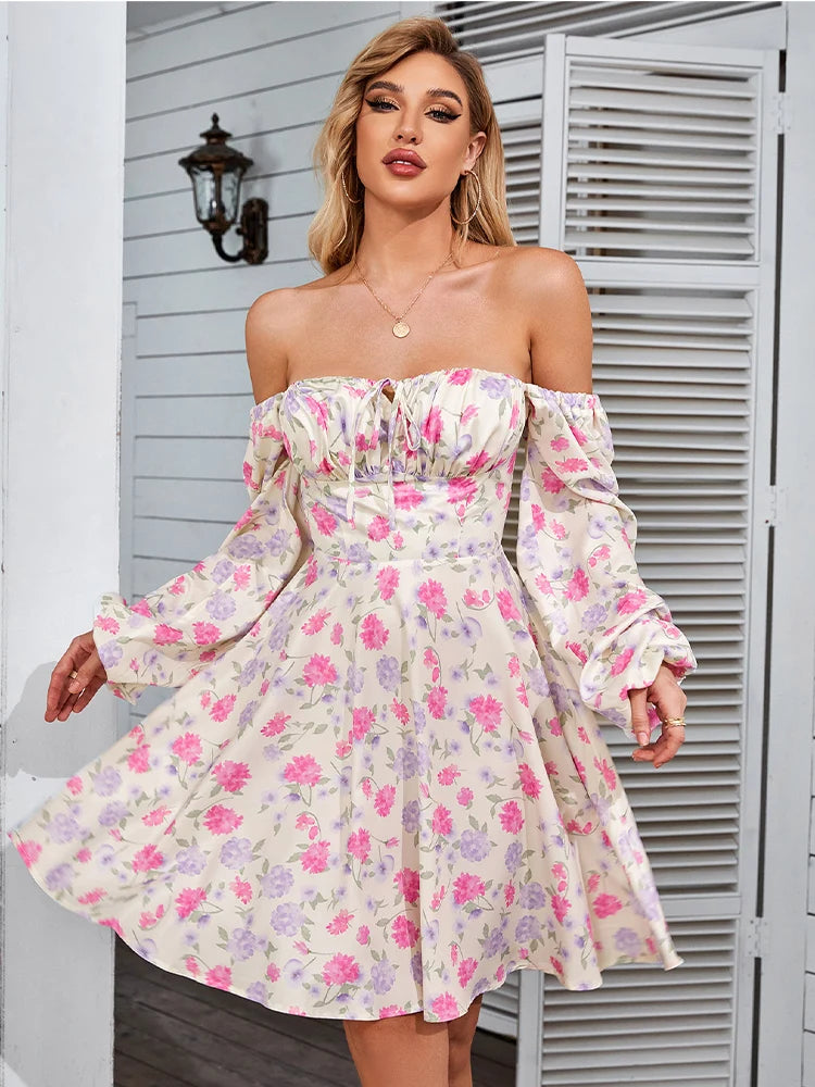 NewAsia Floral Dress Women Lantern Long Sleeve Ruched Print A Line Square Neck Tie up Mini Vestidos Sexy Chic Summer Beach Dress 6