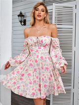NewAsia Floral Dress Women Lantern Long Sleeve Ruched Print A Line Square Neck Tie up Mini Vestidos Sexy Chic Summer Beach Dress 6