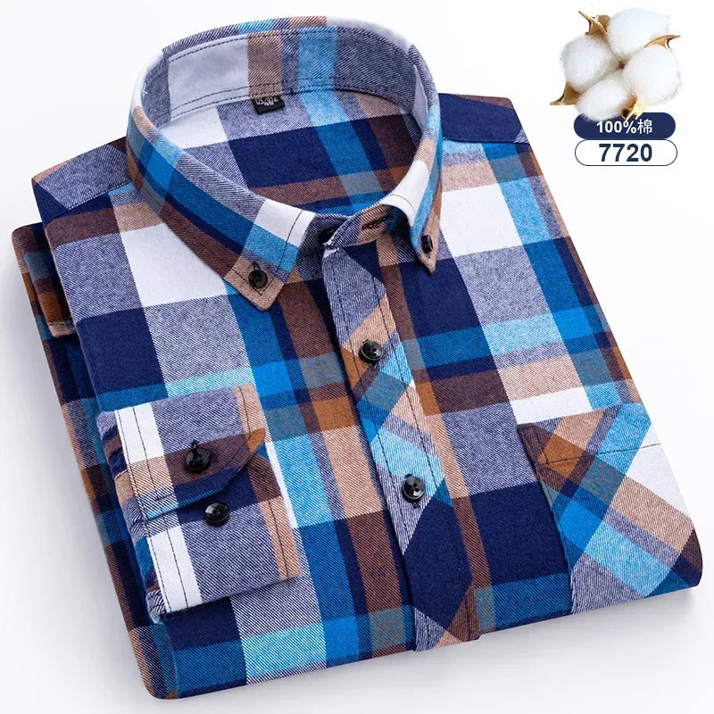 Autumn-Thick-Flannel-Shirt-Plaid-Shirts-Standard-Fit-For-Men-Long-Sleeve-Pure-Cotton-Fashion-Single