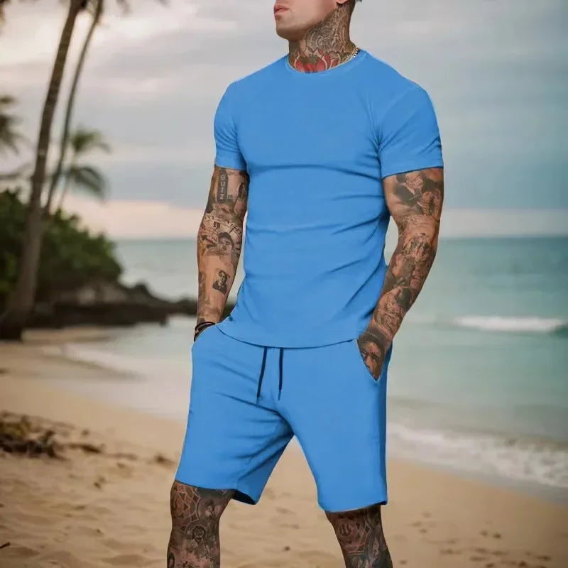 summer new men's breathable sportswear short sleeved t-shirt and shorts set popular quick drying clothing