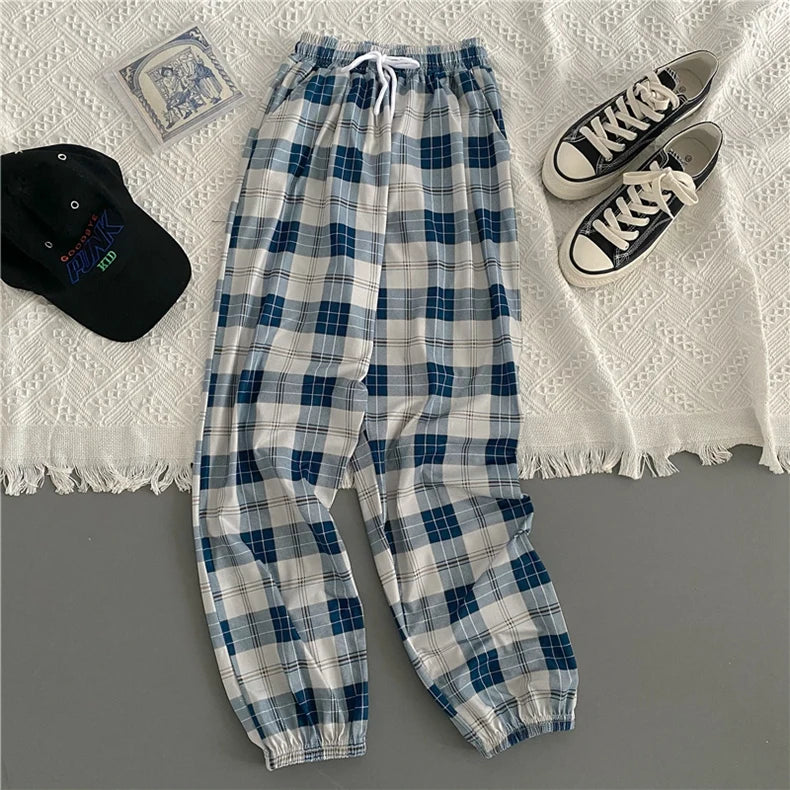 Pants Women New Bunch of feet Fashion Loose Black Plaid Summer Harajuku Students Streetwear Harem Long Trousers Womens Chic 9