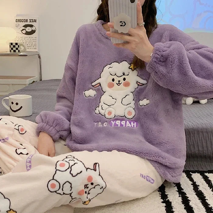 Autumn Winter New Warm Flannel Women's Pajamas Set Long-sleeved Trousers Two-piece Set Cute Soft Home Wear Clothes for Women 3