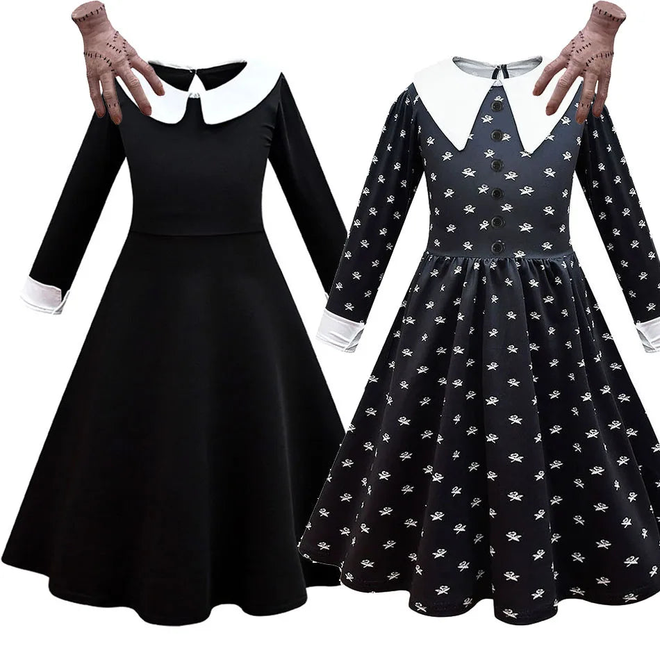 Children Addams Dress Kids Wednesday Dancing Fantasy Baby Ruffles Family Christmas Layered Clothes Cosplay Halloween Costume