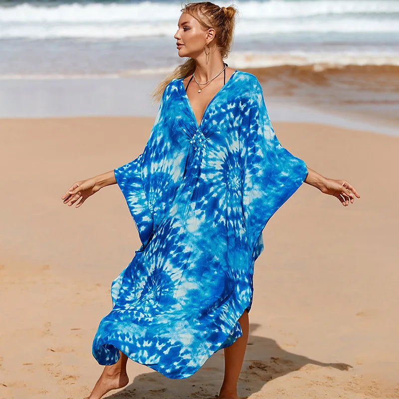 Loose Floral Pleated Kaftan Dresses for Women Wave Neck Swimsuit Cover Up Caftan