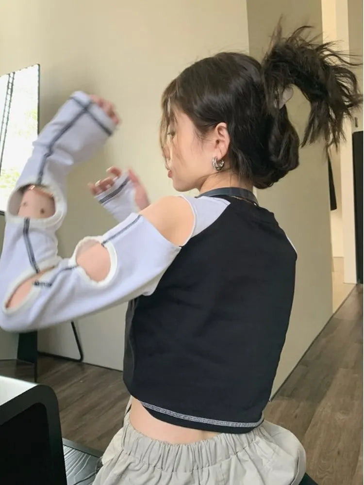 Kpop Fashion 2023 Contrast Crop Tshirt Women Y2K Hollow Out Long Sleeve Tee Summer Harajuku Casual Streetwear Sexy Slim Crop Top 4