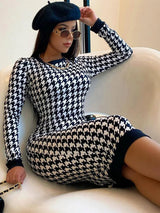Elegant Slim Fit Houndstooth Midi Dress - Women's Long Sleeve Bodycon Streetwear for Club