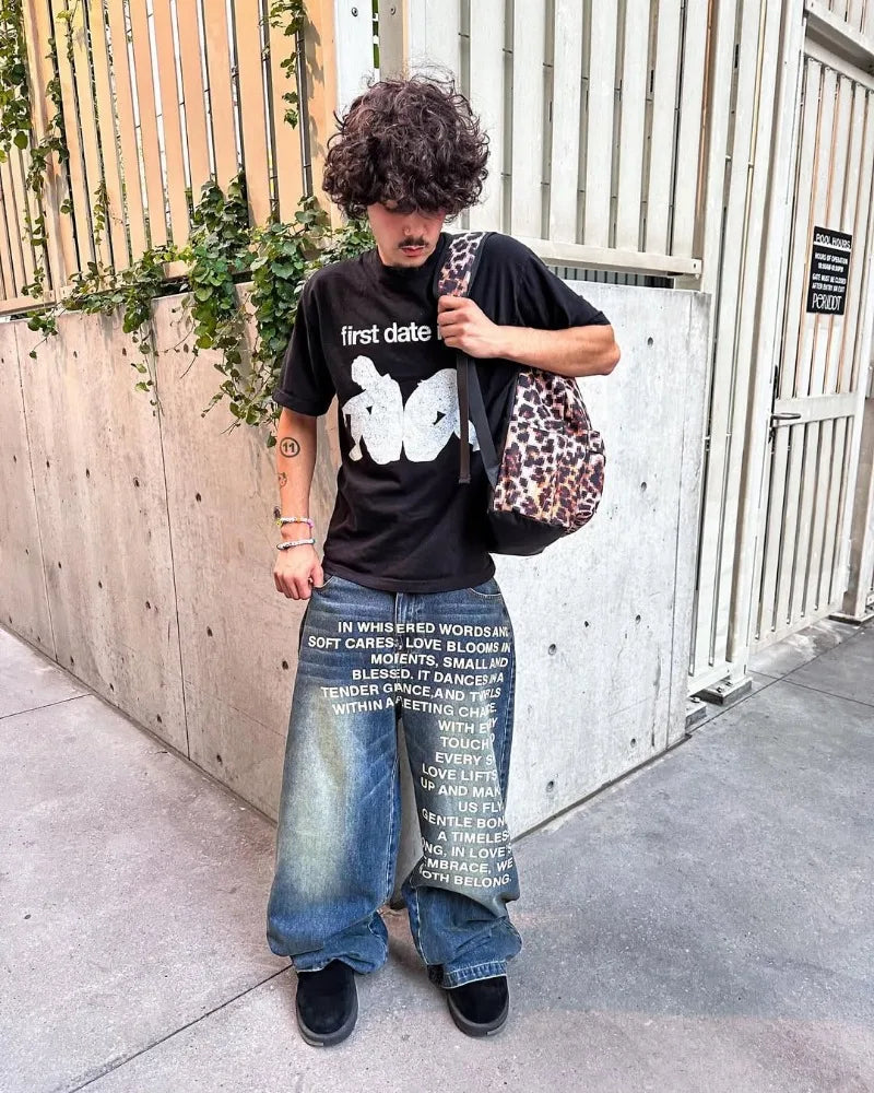 Y2K men Jeans vintage American Pattern letter jeans streetwear gothic Harajuku Hip Hop men women Fashion Casual wide leg jeans 5