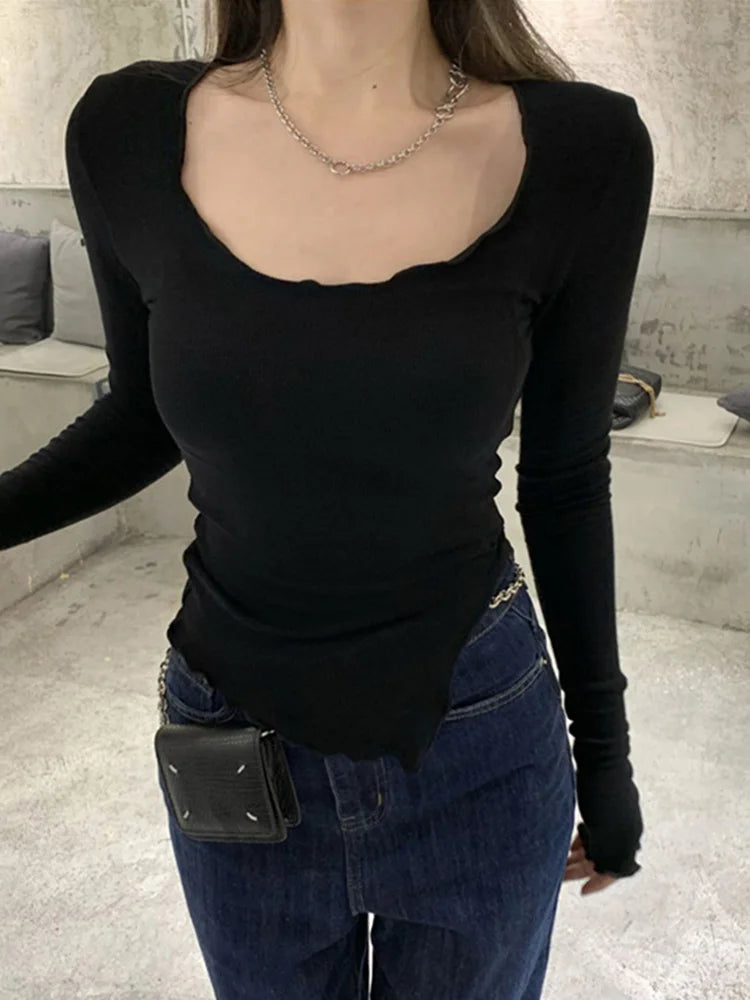 Long Sleeve T-shirts Women Fungus Line Irregular Hem Knitted Slender Autumn Bottoming Tees Chic Fashion Sexy Solid Ulzzang New 7