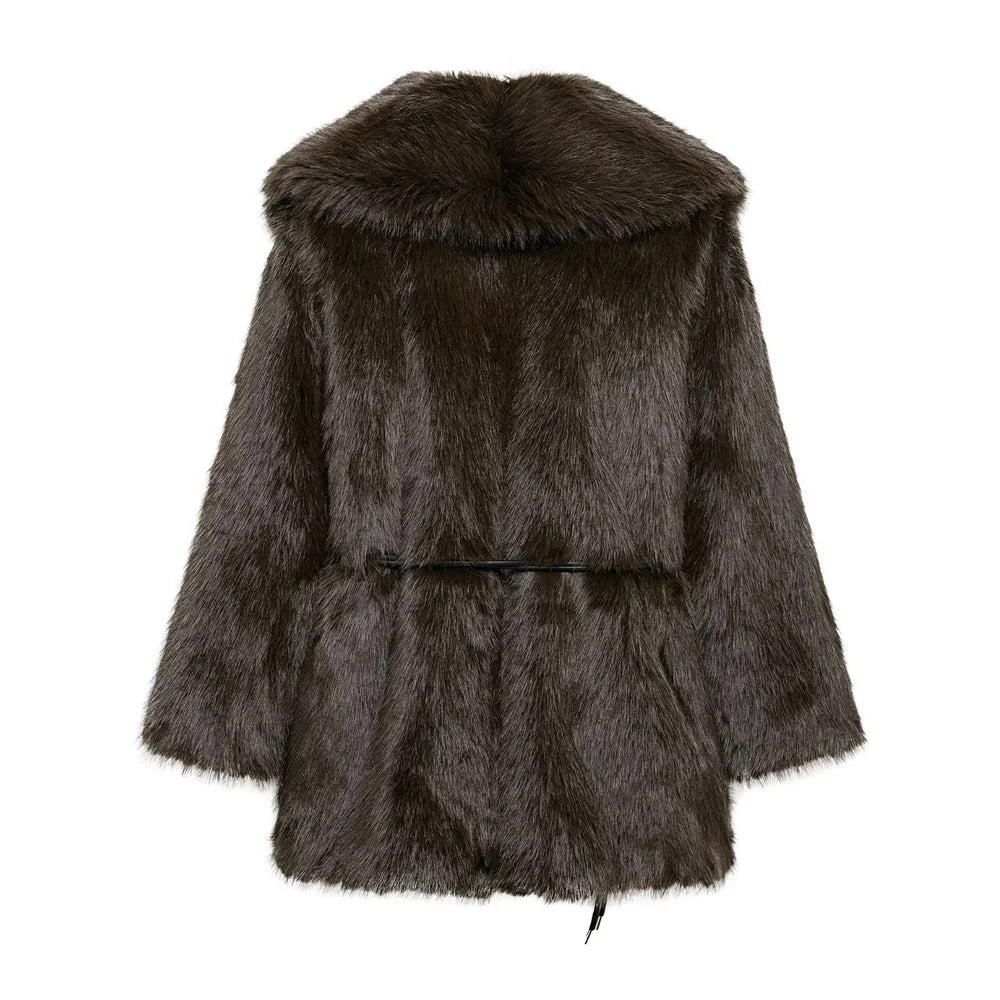 Women's Belt Decoration Collar Solid Color Medium Long Coat Autumn/Winter New Long Sleeve Loose Coat 5