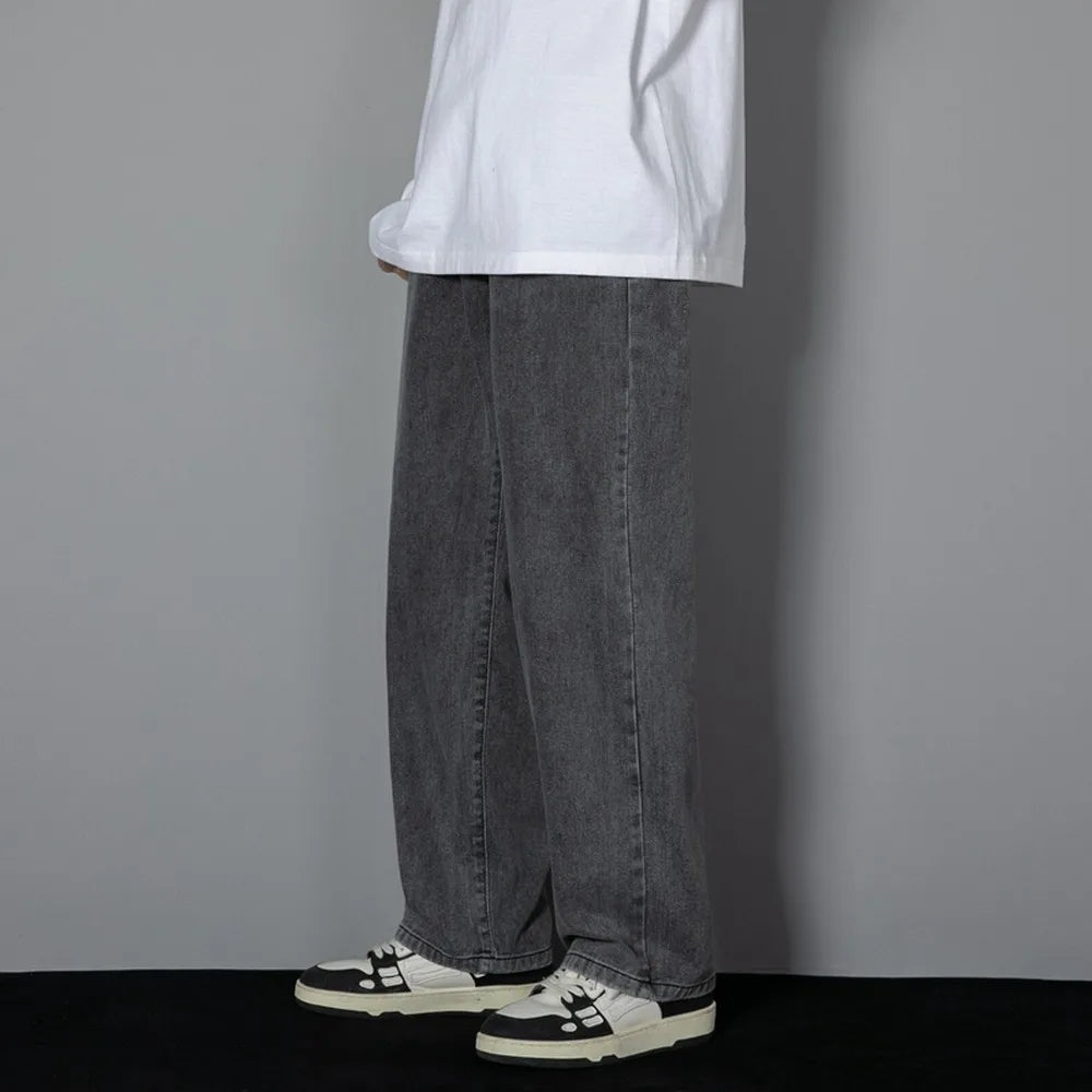 Korean Solid Colors Men's Casual Long Jeans Classic Man Four Seasons Straight Denim Wide-leg Pants Light Blue Grey Black 3XL 3