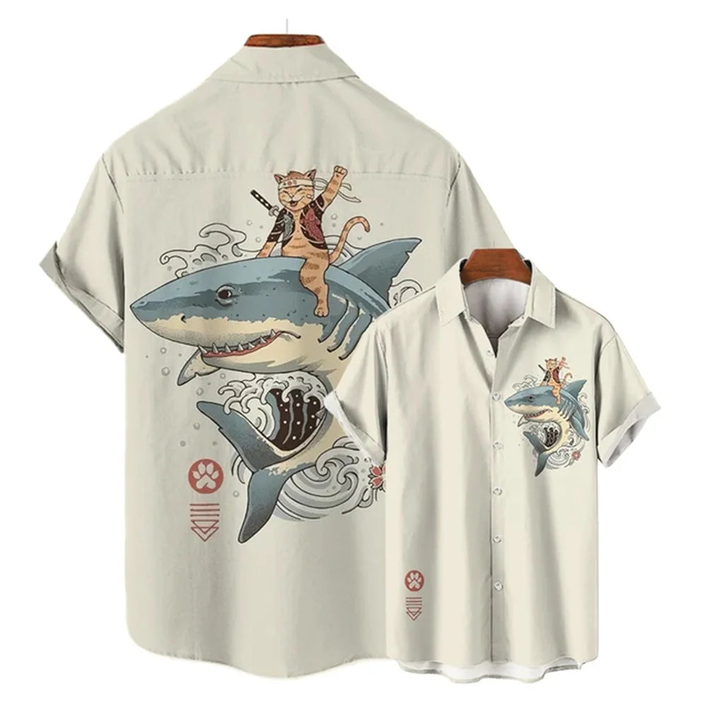 Fashion-Men-s-Clothing-Cool-Samurai-Cat-Tops-Summer-New-Men-s-Clothing-Casual-Short-Sleeved