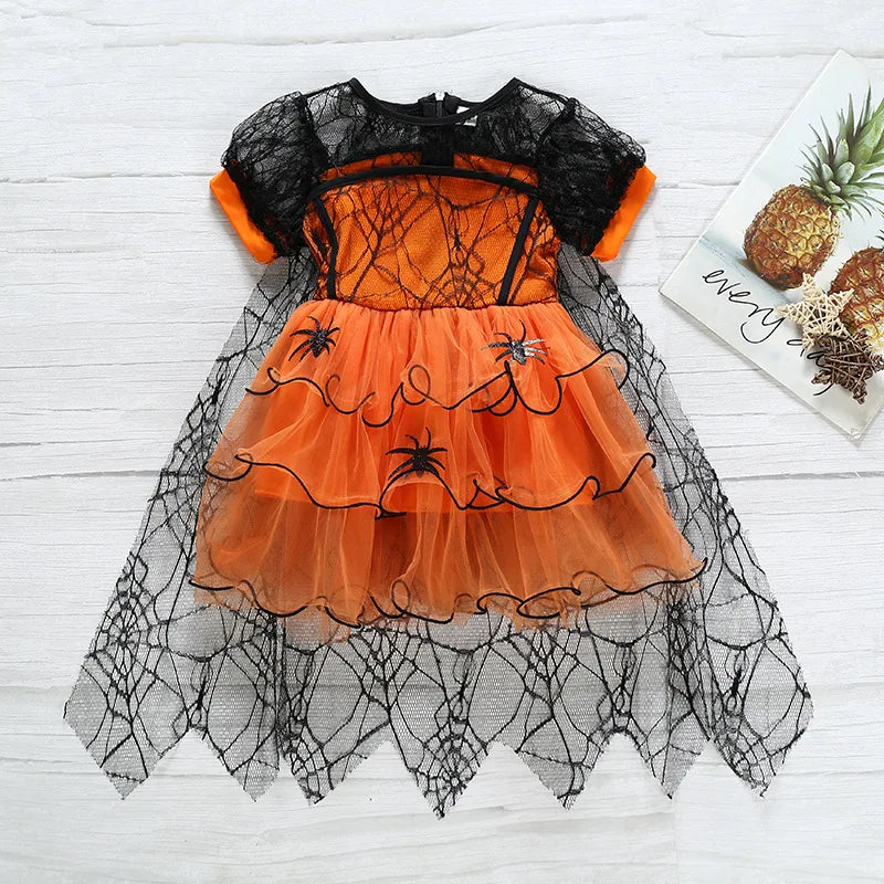 Baby Halloween Costume Girls Princess Spider Mesh Dress Children Vampire Performance Elegant Clothes Witch Dresses 1-6 Y 2