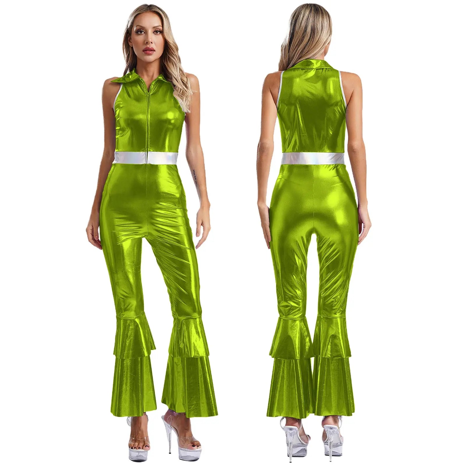 Women's 70s Disco Jumpsuit | Metallic Shiny Bell Bottom Jumpsuit | Halloween Costume, Rave Outfit