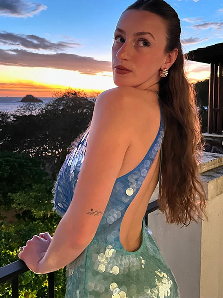 Fashion Sequins Backless Patchwork Halter Mini Dress For Women Backless Sleeveless Party Dress Summer Street Glitter Vestidos 4
