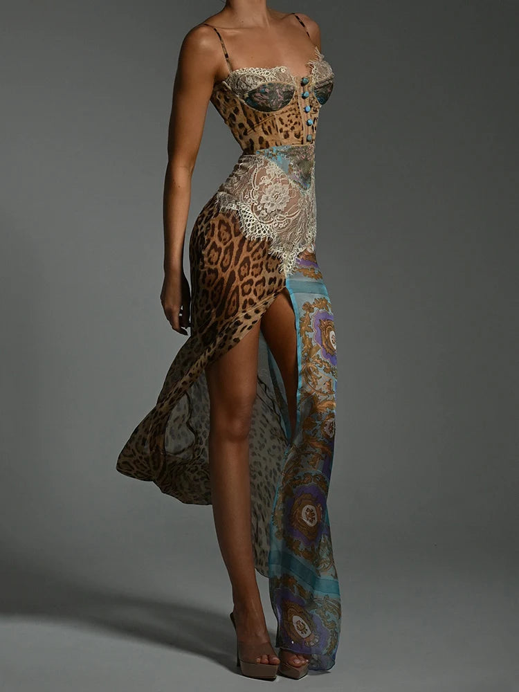 Leopard Print Lace Split Sexy Maxi Dress Women Gown Elegant Patchwork Chiffon Sleeveless Backless Beach Evening Dress 5