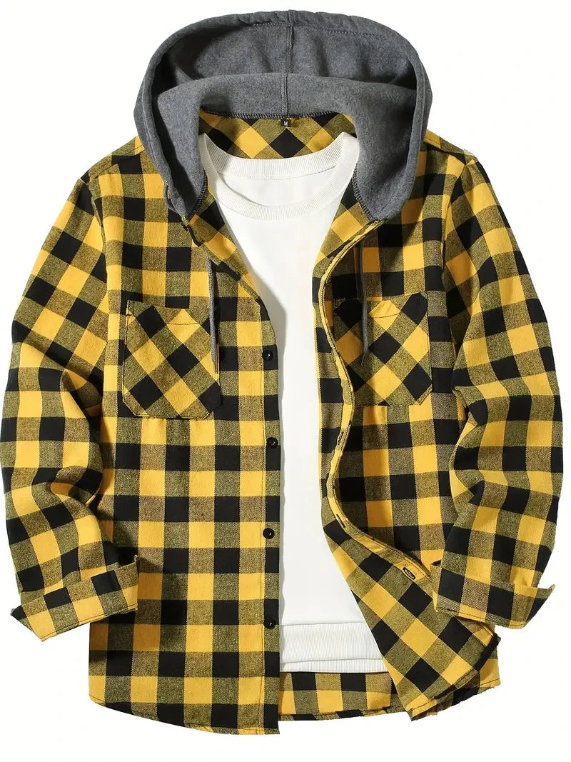 Youth Fashion Street Hooded Plaid Shirt Men's Slim Fit 4