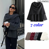 Women Fashion Scarf Decorated Woolen Jacket Casual Solid Long Sleeve Loose Warm Overcoat 2025 Autumn Winter New Lady Chic Coat