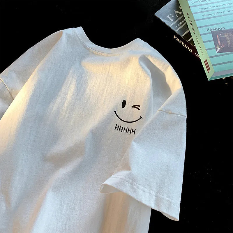 Men Women's Smiling Face Funny Fashion Couple Short Sleeved T-shirt American Basic Simple Oversized Loose Boys' Pullover Top 5