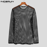 Men T Shirt Mesh Transparent O-neck Long Sleeve T-shirts Sexy Streetwear Fashion Party Nightclub 3