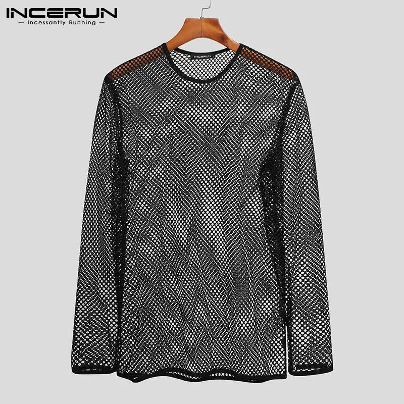 Men T Shirt Mesh Transparent O-neck Long Sleeve T-shirts Sexy Streetwear Fashion Party Nightclub 3