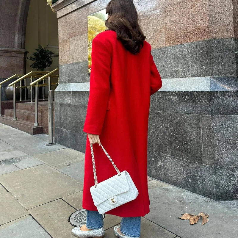 HXAO Winter Coats Woman 2024 Red Long Coats For Women Autumn Faux Wool Coat Casual Long Sleeve Coat Elegant Women's Overcoat 3