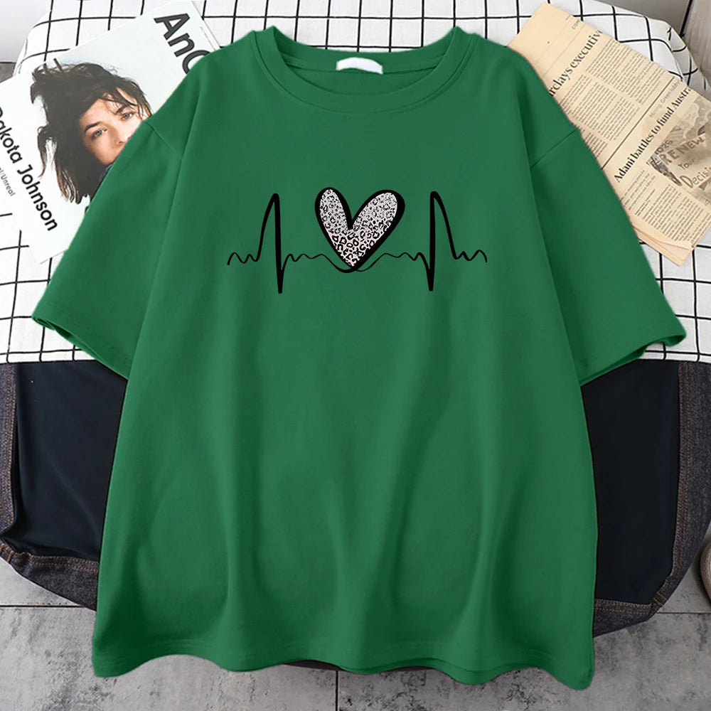 Leopard Heart Electrocardiogram T-Shirt Women Summer Soft Clothing Fashion Short Sleeve Plus Size Cotton Tshirts 4