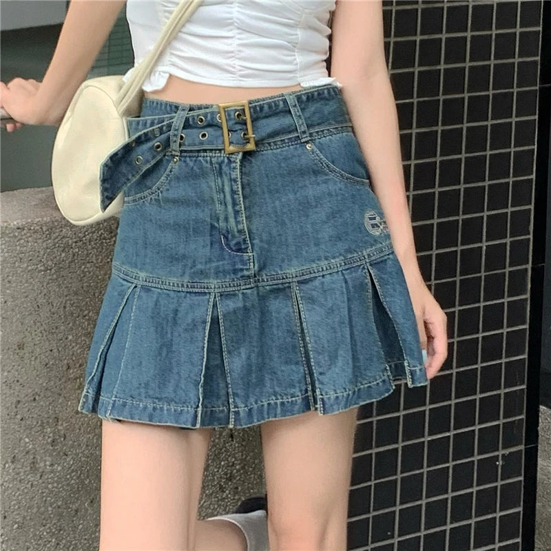 Kawaii Hot Girl Denim Skirt Womens Pleated Skirt Y2k  Fashion Casual College Style High Waist Slim Goth Mini A Word Short Skirt 4