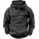 New autumn-winter men's hooded solid-color casual hoodie - fashionable young man's multi-pocket patch hoodie pullover shirt 5