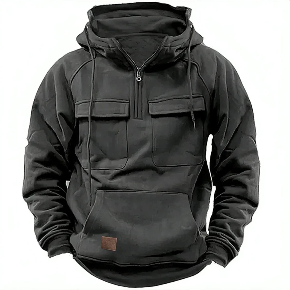 New autumn-winter men's hooded solid-color casual hoodie - fashionable young man's multi-pocket patch hoodie pullover shirt 5