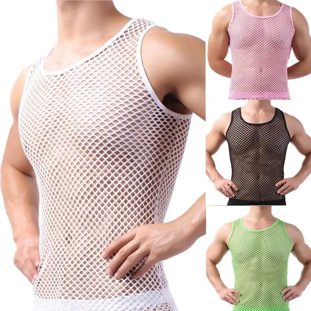 Fishnet Men Sexy Mesh Tank Tops Transparent Sleep Tops