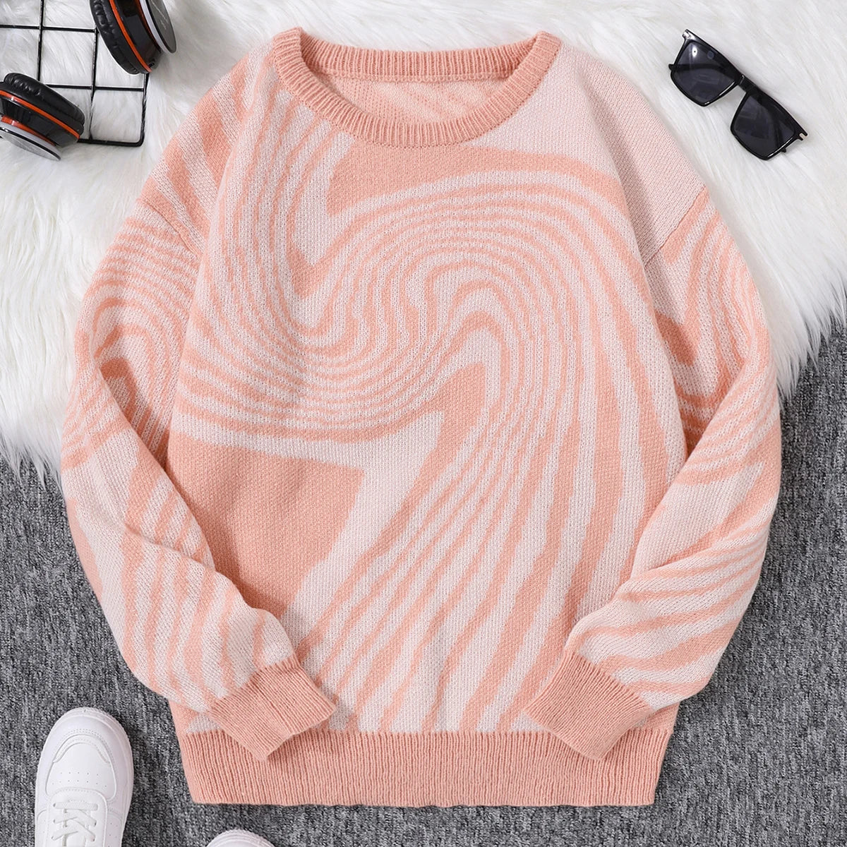 New-Popular-Autumn-and-Winter-Maze-Jacquard-Pattern-Pullover-Sweater-Casual-Round-Neck-Contrast-Color-Knitted