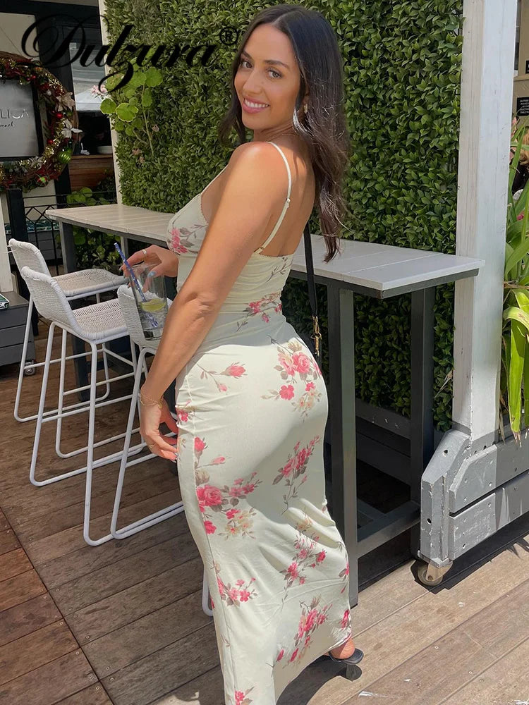 Dulzura Sexy Y2K Clothes Floral Print Sleeveless Backless Bodycon Maxi Dresses For Women 2023 Club Birthday Party Elegant Outfit 3
