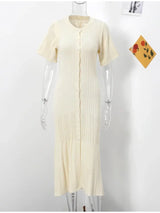 Elegant Knit Dress For Women White Slim O-neck Single Breasted Short Sleeve Long Dresses Female 2025 Spring Fashion Lady Robe 4