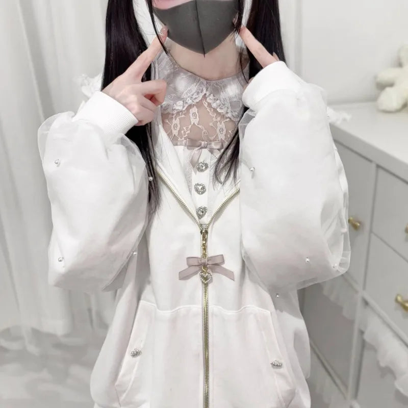 Bunny Hoodie Hoodies Y2K Rabbit Ear Hoodie Lolita Jacket Bow Girls Pearl JK Japan Lace Kawaii Zipper Cardigan Long Sleeved Top 4