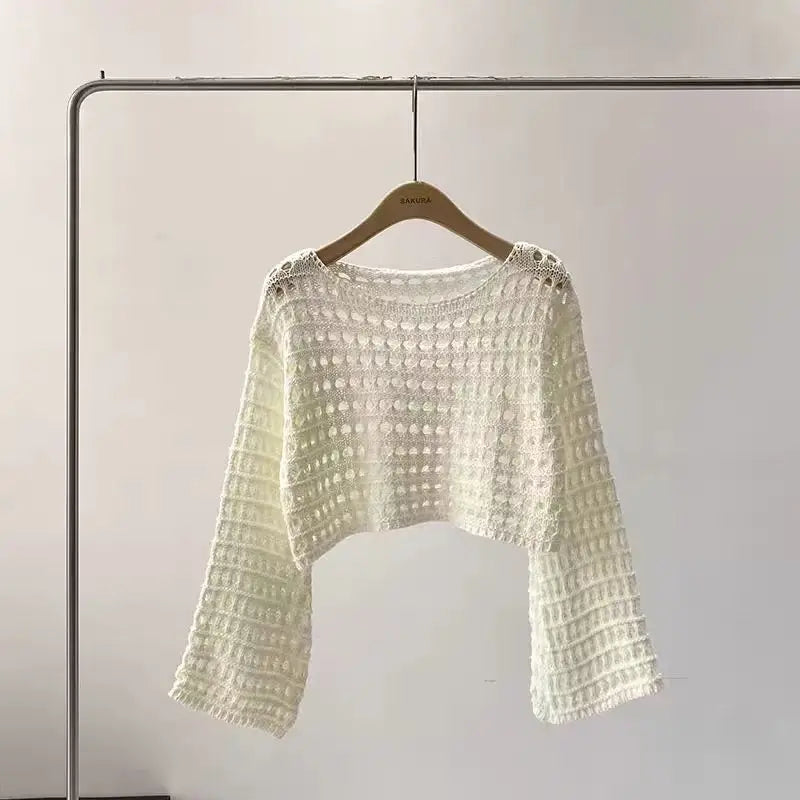 Fishnet Crochet Top Long Sleeve Crop Pullover Women Summer Cover Up Open-knit Blouse Y2K Grunge Outfit 3