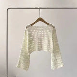 Fishnet Crochet Top Long Sleeve Crop Pullover Women Summer Cover Up Open-knit Blouse Y2K Grunge Outfit 3