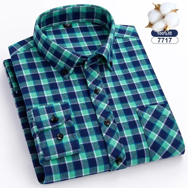 Autumn-Thick-Flannel-Shirt-Plaid-Shirts-Standard-Fit-For-Men-Long-Sleeve-Pure-Cotton-Fashion-Single