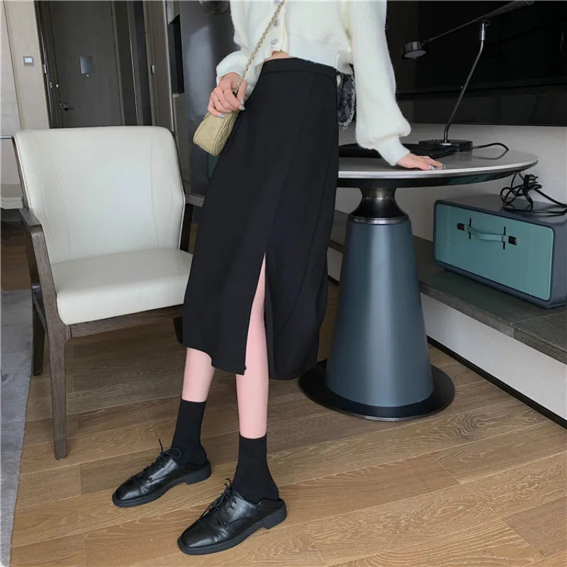 Black Skirts Women Mid-calf College A-line High Waist Korean Style All-match Friends Streetwear Chic Female Bottom Юбка Женская 4