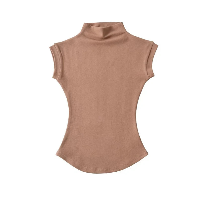 Women Summer Sexy Turtleneck Sleeveless T-Shirts Tops Solid Slim Fit Pullovers Causal Tees Shirts Female Streetwear Basics Tees 4
